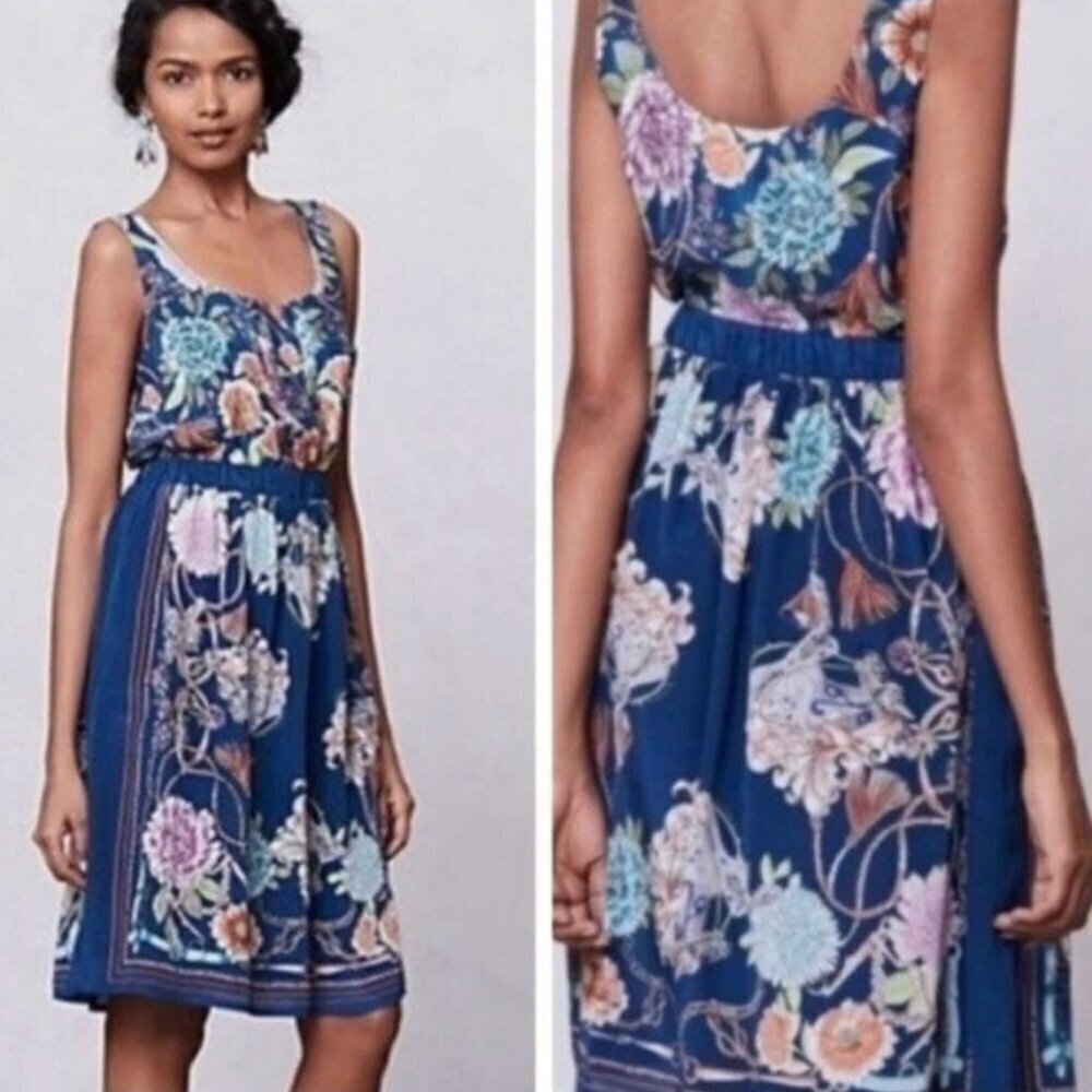 Moulinette Soeurs Anthropologie Silk Mable Sleeveless Floral Dress in Blue, XS